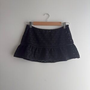 Robin Piccone Black Eyelet Ruffle Mini Low Rise Skirt Swim Coverup